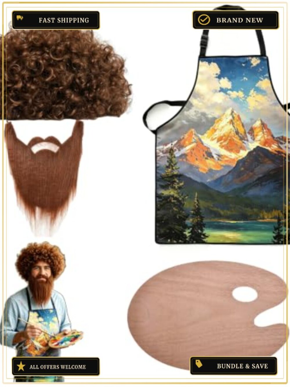 80s Painter Costume Set with Wig Beard Apron Palette 3 Brushes Adult